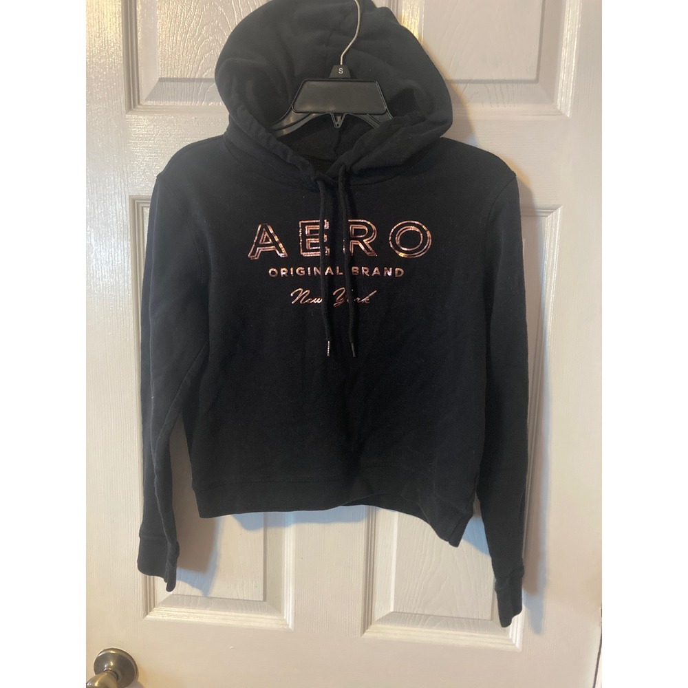 Aeropostale Womens Black Rose Gold Foil Logo Hoodie Sweatshirt Small New York
